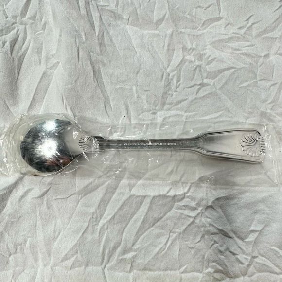 Vtg Olde Chelsea Pattern Silverplated 6 Dinner Spoons + Round Spoon in Plastic - Picture 10 of 15